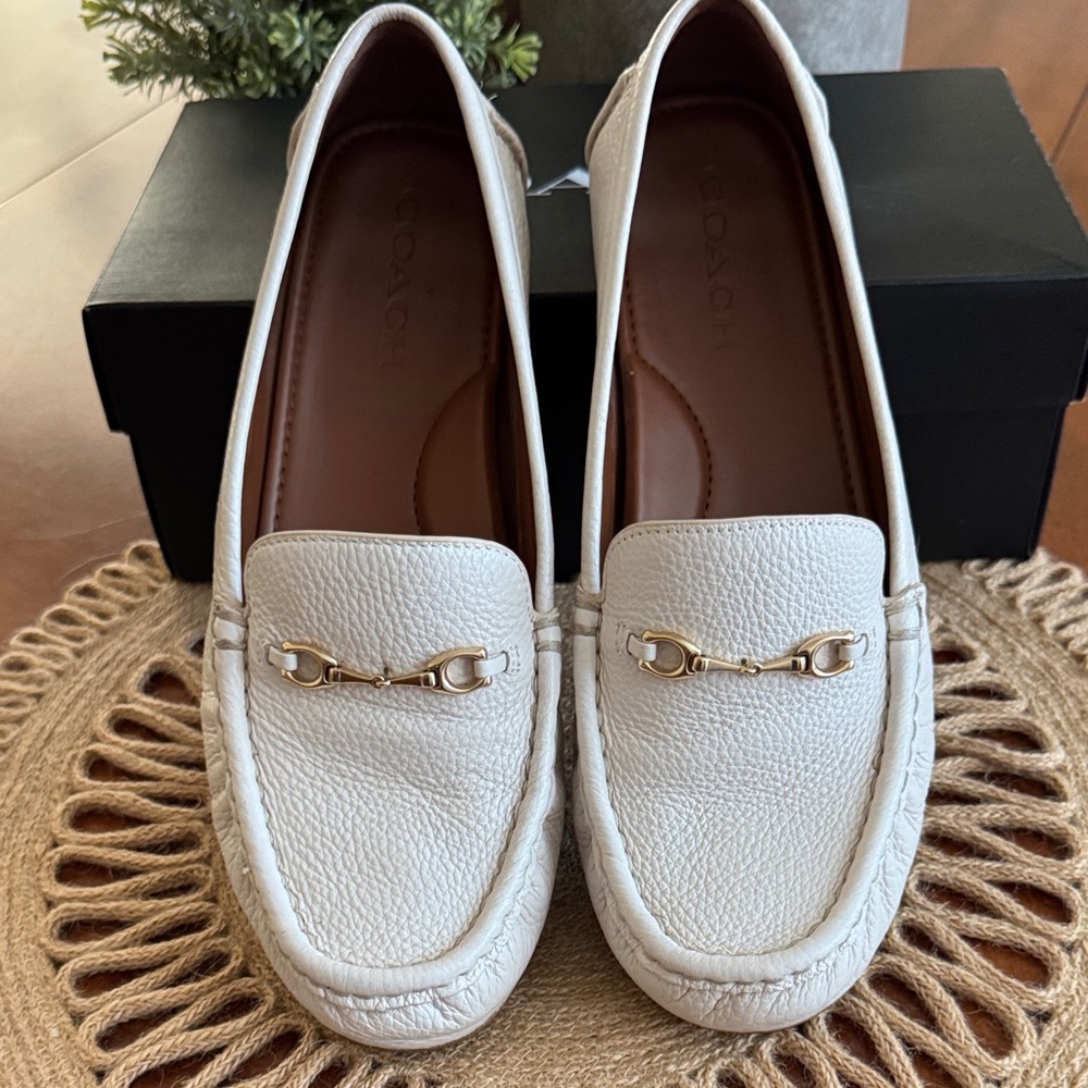 COACH Mavis Soft White Pebbled Leather Bit Loafers with Gold Hardware